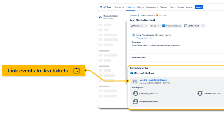 Linking an Outlook meeting to a Jira ticket screenshot